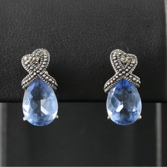 Elegant Blue Teardrop Earrings. Sterling glass and Marcasite - Picture 1 of 5